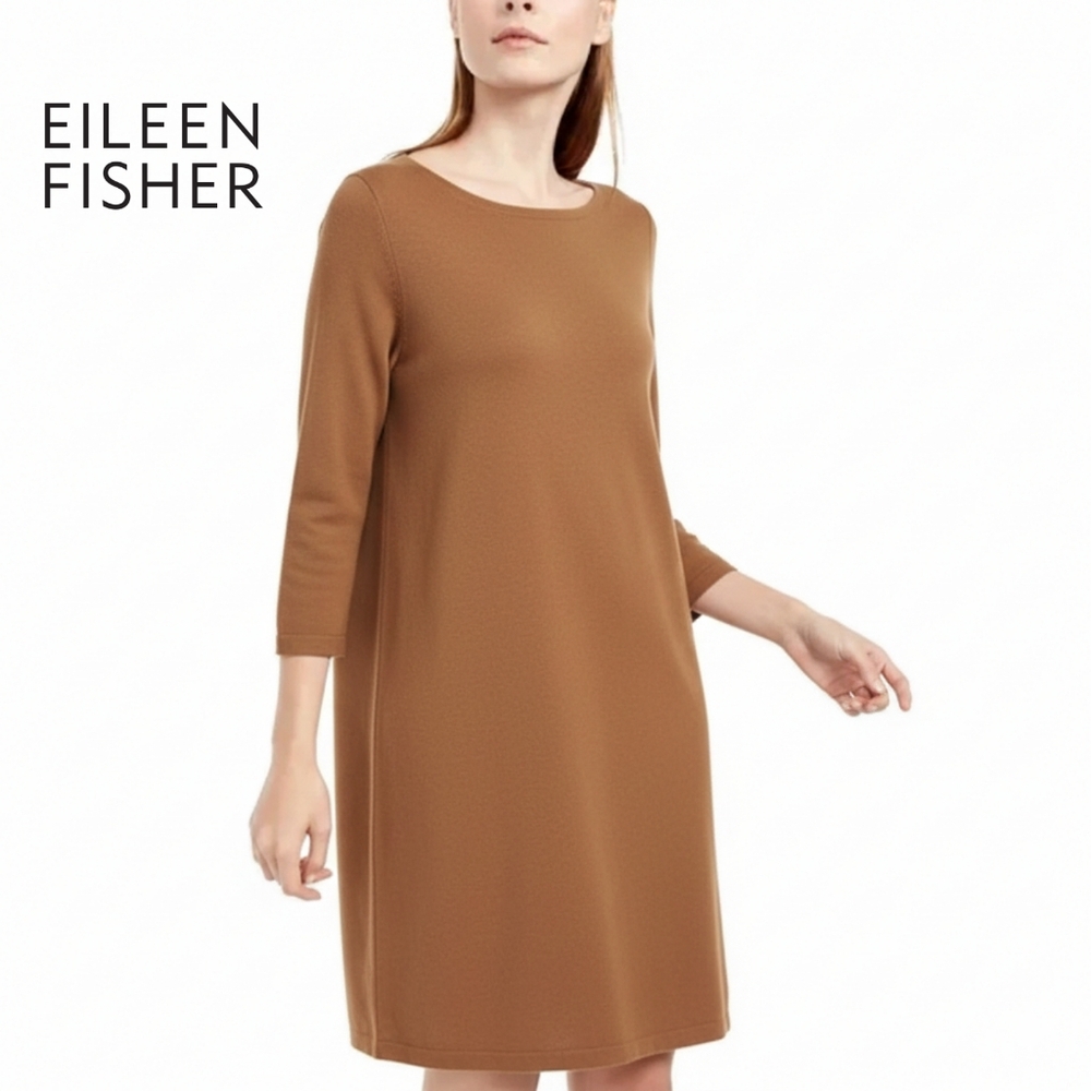Sz S Eileen Fisher Crewneck 3/4 Sleeve Sweater Knit Dress Italian Yarn - Tan